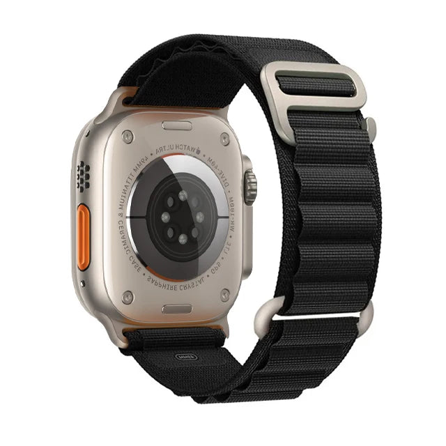 Apple Watch featuring a durable nylon strap in rugged alpine loop style, perfect for outdoor activities.