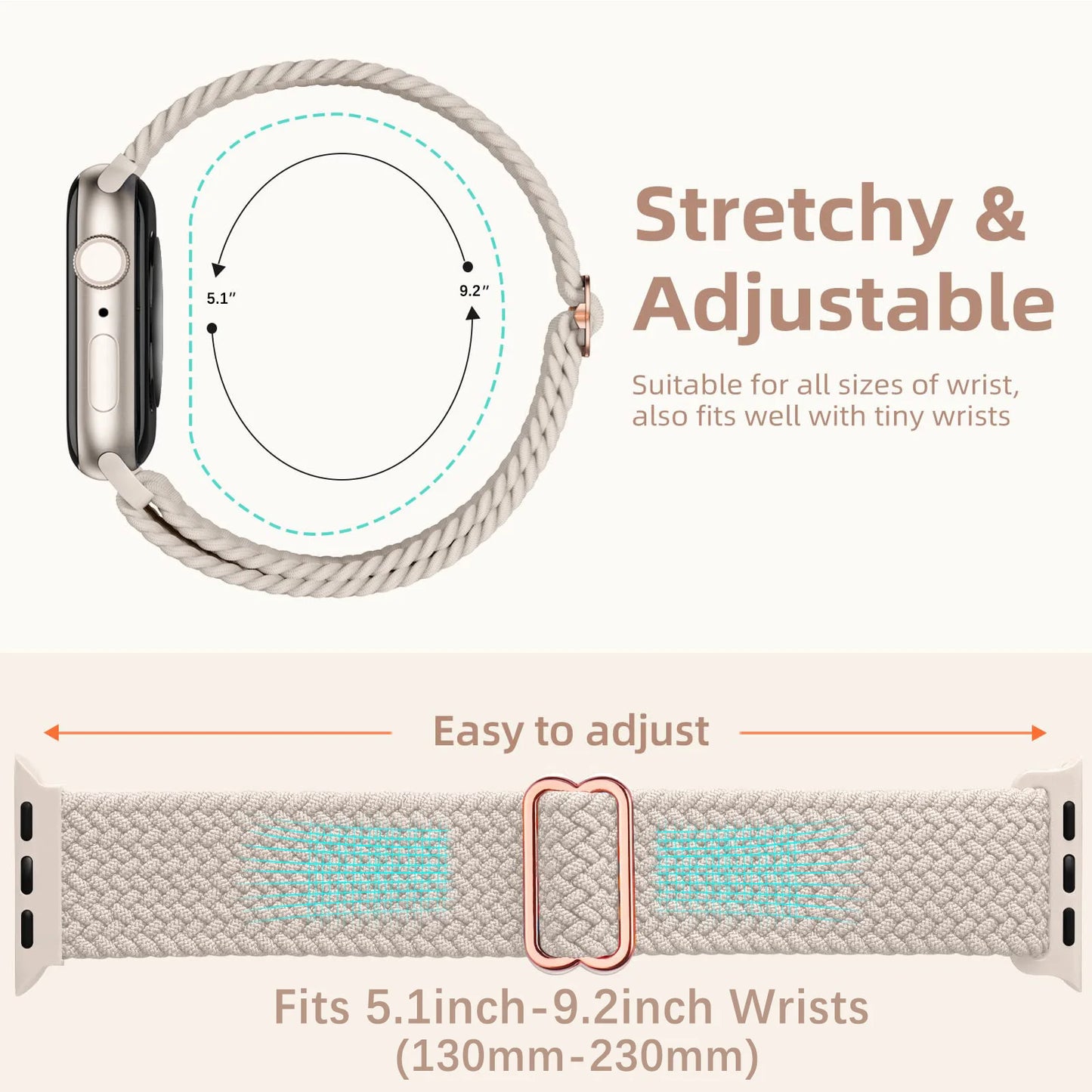 Apple Watch Braided Strap image showing stretchy and adjustable design for wrists 5.1-9.2 inches, ideal for comfort and versatility.