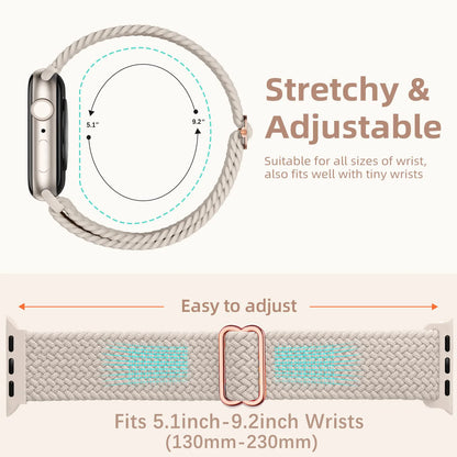 Apple Watch Braided Strap image showing stretchy and adjustable design for wrists 5.1-9.2 inches, ideal for comfort and versatility.