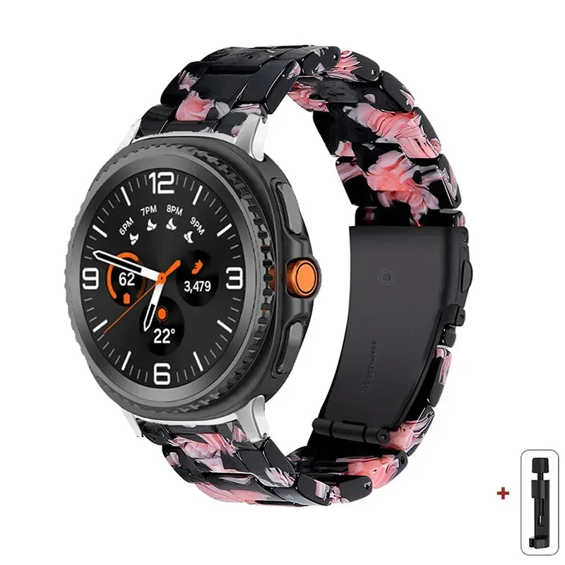 Samsung Galaxy Resin Link Watch Band - Tortoise Women Watch8/Watch8 Classic/Watch9 Ultra/Ultra2 on a smartwatch with floral design.