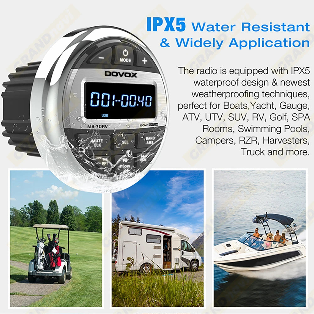 Golf Cart Bluetooth Stereo, Waterproof Marine Radio, Chrome Bezel