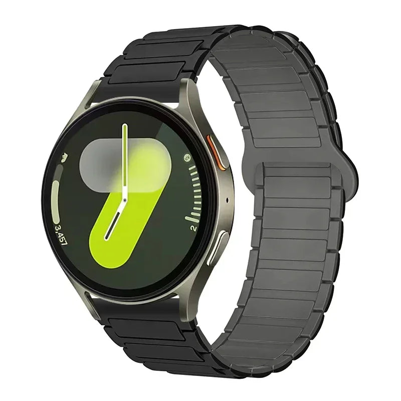 OnePlus Smartwatch Sport Magnetic Silicone Watch Band Strap on a smartwatch with a sleek design and yellow accents.