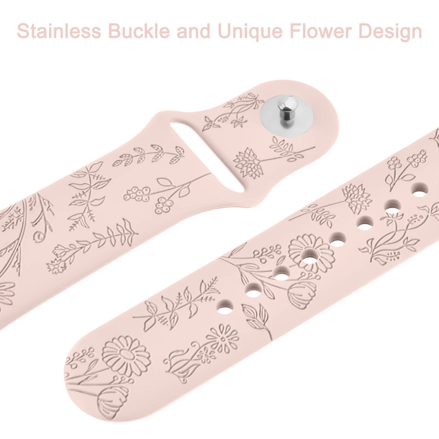 Fitbit Charge 5/6 silicone strap with flower engravings and stainless buckle, perfect for stylish smartwatch customization.