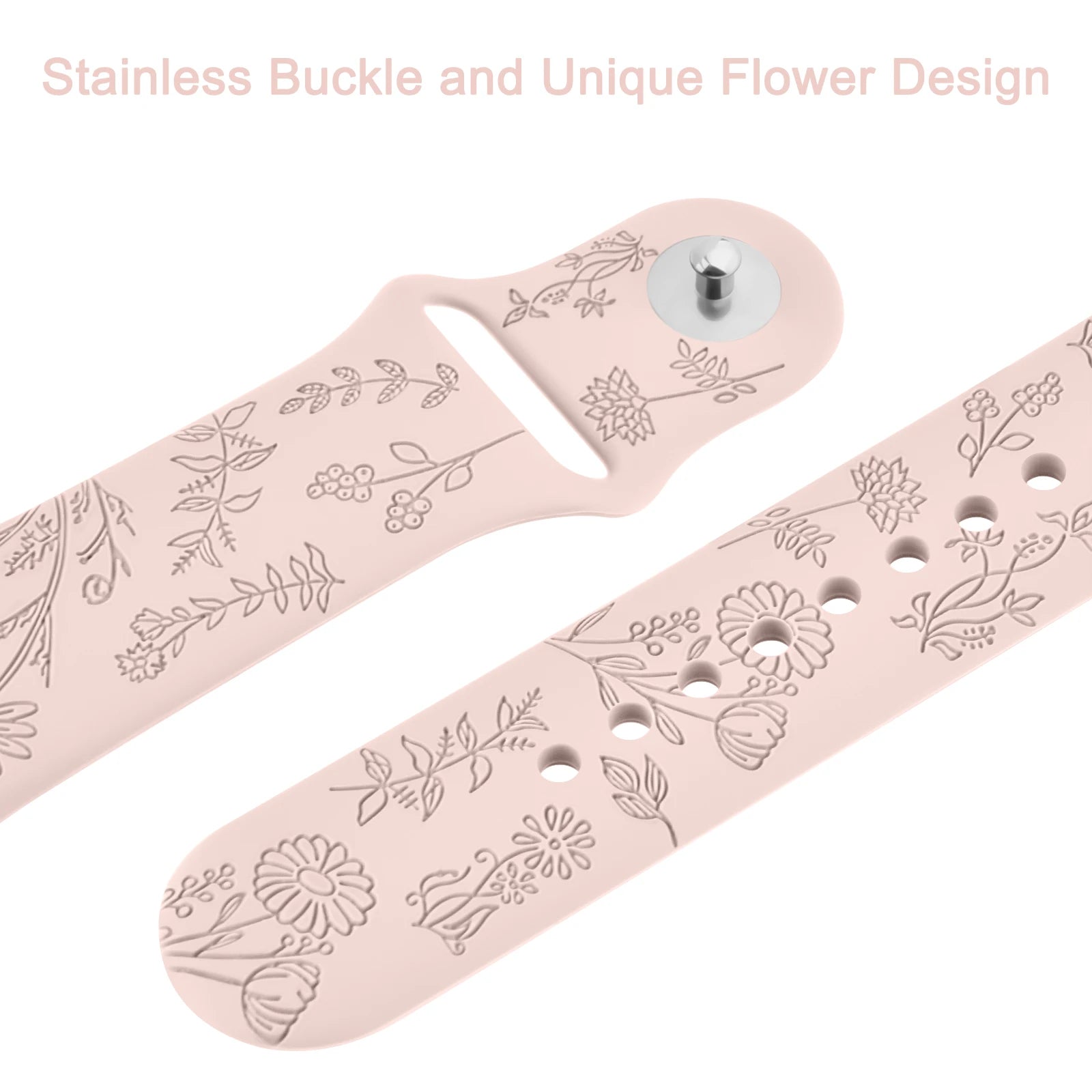 Fitbit Charge 5/6 silicone strap with flower engravings and stainless buckle, perfect for stylish smartwatch customization.