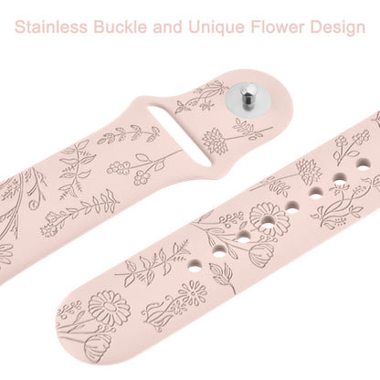 Fitbit Charge 5/6 silicone strap with flower engravings and stainless buckle, perfect for stylish smartwatch customization.