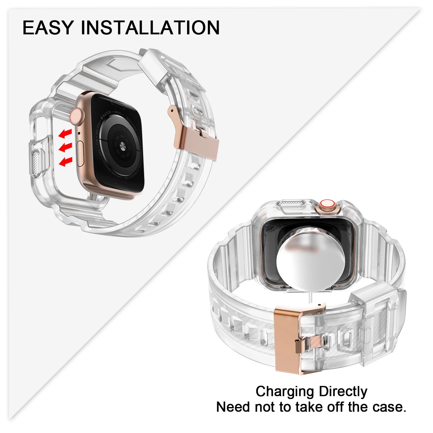 Apple Watch TPU strap with easy installation, showing clear design and direct charging capability.