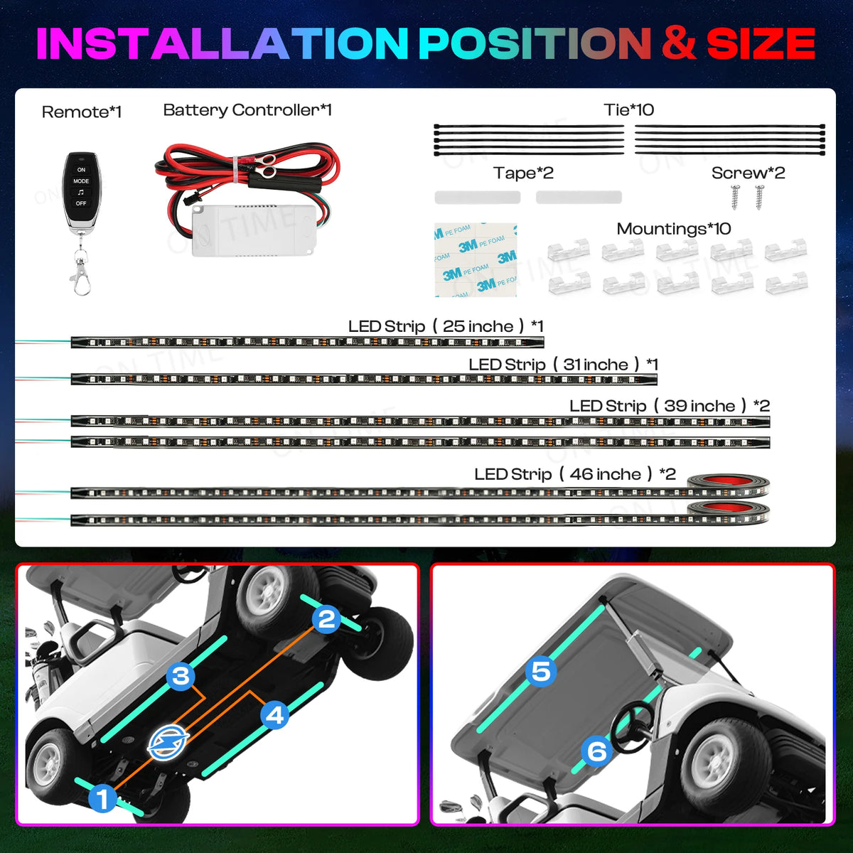 Golf Cart Underglow LED Light Kit with Remote, 6 Strips, 12V to 85V