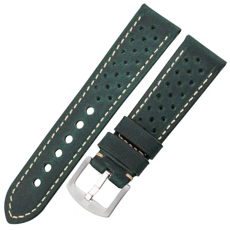 Perforated Leather Rally Band in Dark Green / Silver Buckle for compatible Huawei watches
