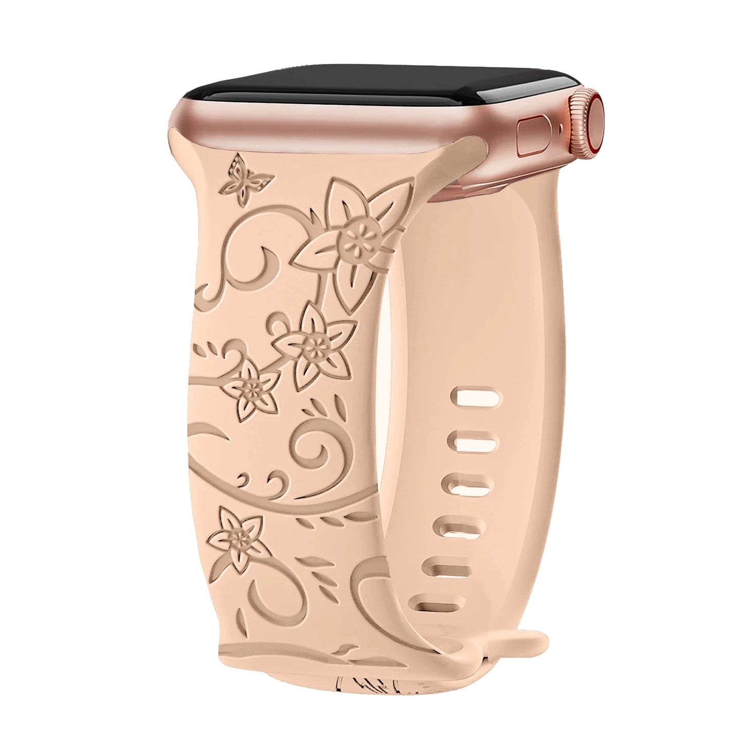 Apple Watch silicone strap with floral engraving, soft and waterproof, ideal for all-day wear.