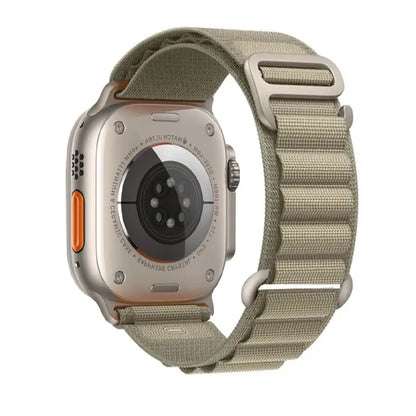 Apple Watch Rugged Alpine Loop Nylon Strap in beige, showcasing durable design and adjustable fit for adventurers.