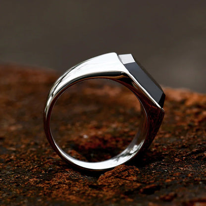 Black Agate Inlay Ring, Stainless Steel - view 4