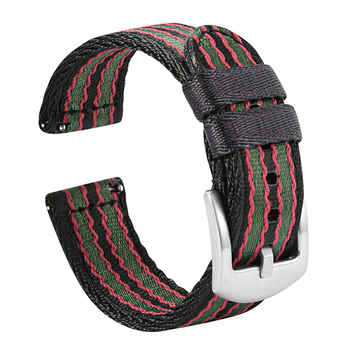 Garmin Seatbelt Nylon Band in Black, Green and Red Stripes with Silver Buckle