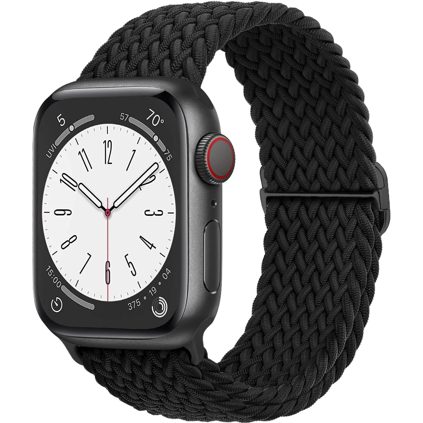 Apple Watch with black braided nylon strap, showcasing a stylish and comfortable design for daily wear.
