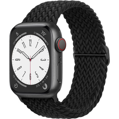 Apple Watch with black braided nylon strap, showcasing a stylish and comfortable design for daily wear.