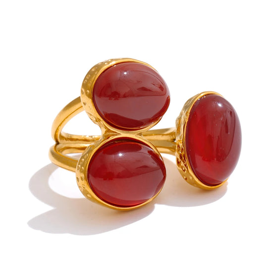 Red Agate Flower Ring, Stainless Steel - view 1