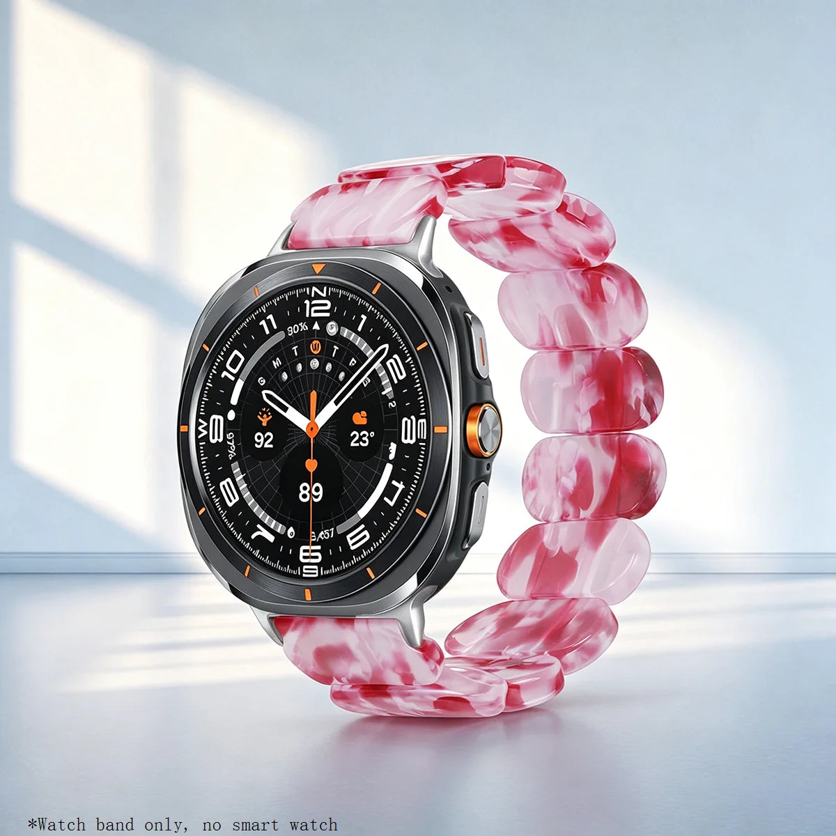 Samsung Galaxy Resin Link Watch Band – Metal Connector Watch8/Watch8 Classic/Watch9 in peach pink color.