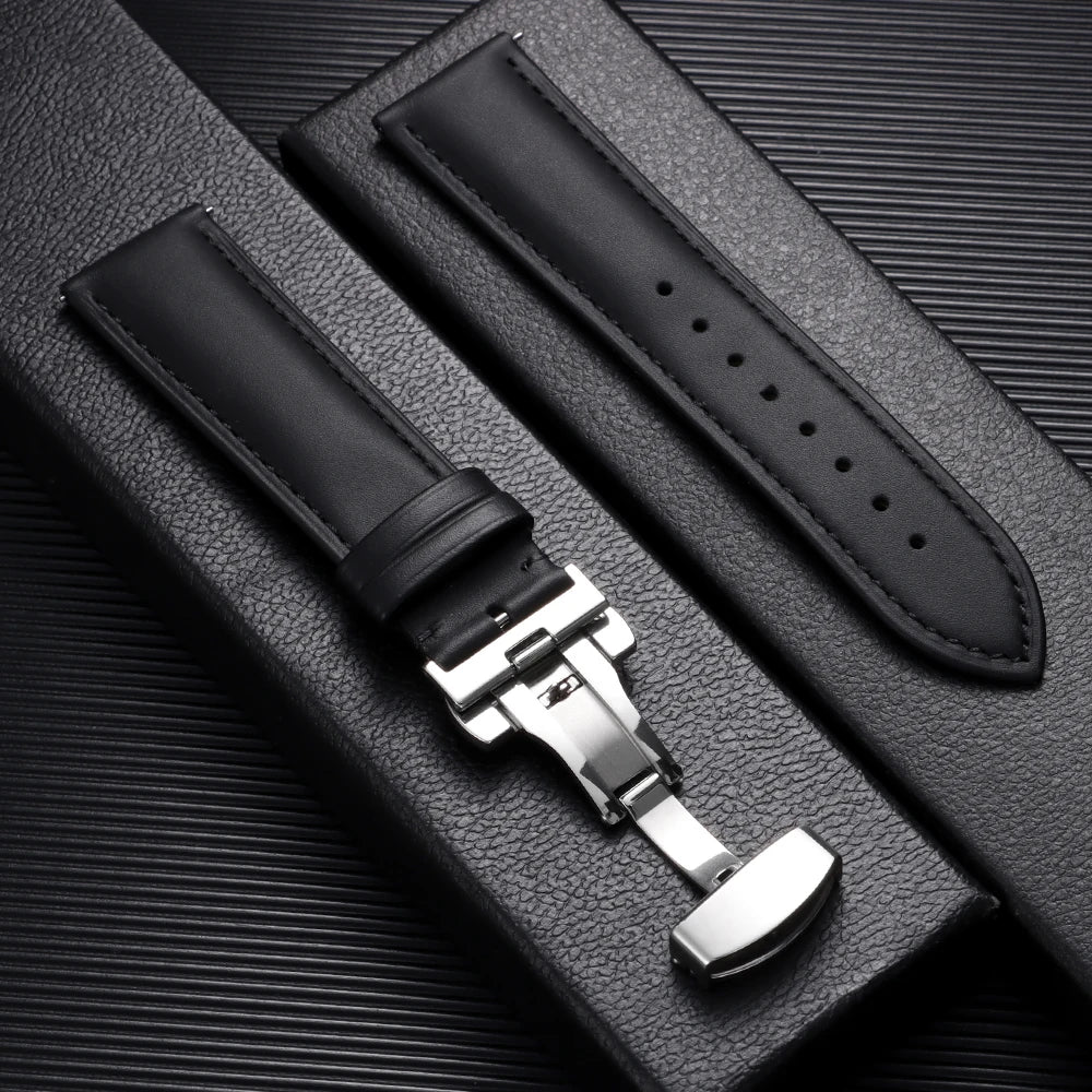 Leather Butterfly Clasp Band in Black