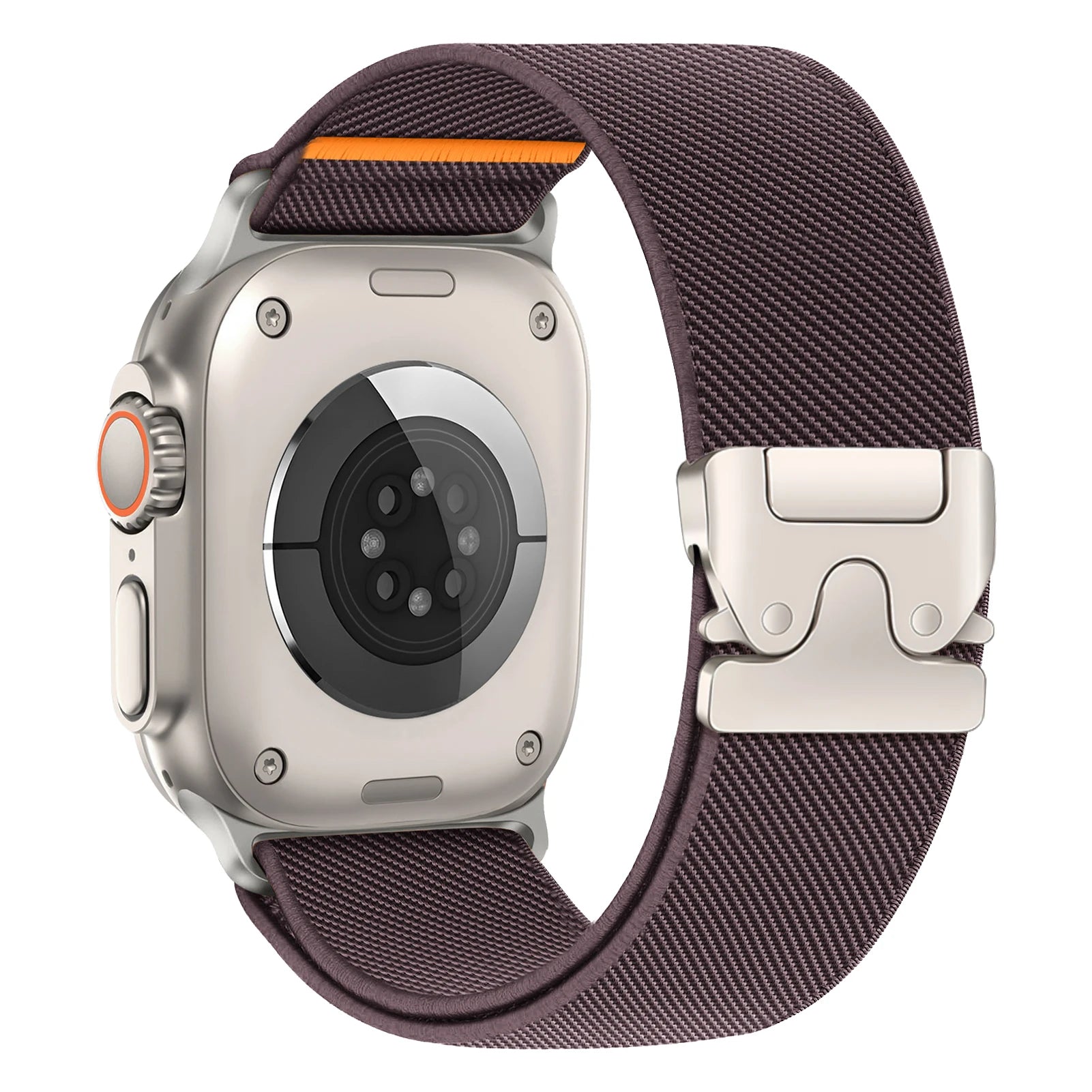 Apple Watch with flexible nylon strap in stylish design, featuring a secure parachute buckle for comfort and durability.