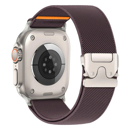 Apple Watch with flexible nylon strap in stylish design, featuring a secure parachute buckle for comfort and durability.