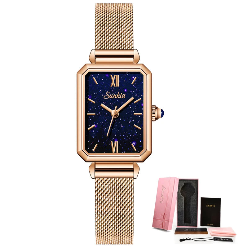 Women's Rectangular Quartz Watch with Mesh Band — Rose Gold Tone / Speckled Blue Dial
