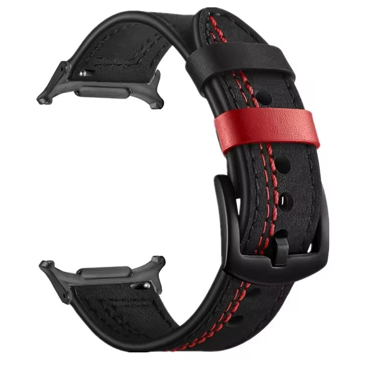 Samsung Galaxy Leather Watch Band No Gap Replacement For Ultra/Ultra2 in black and red with contrasting stitching.