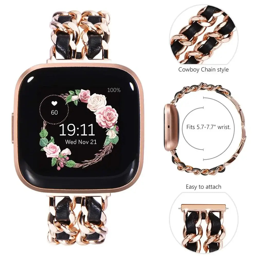 Fitbit Versa & Sense Leather-Woven Chain Band - Rose gold and black chain construction