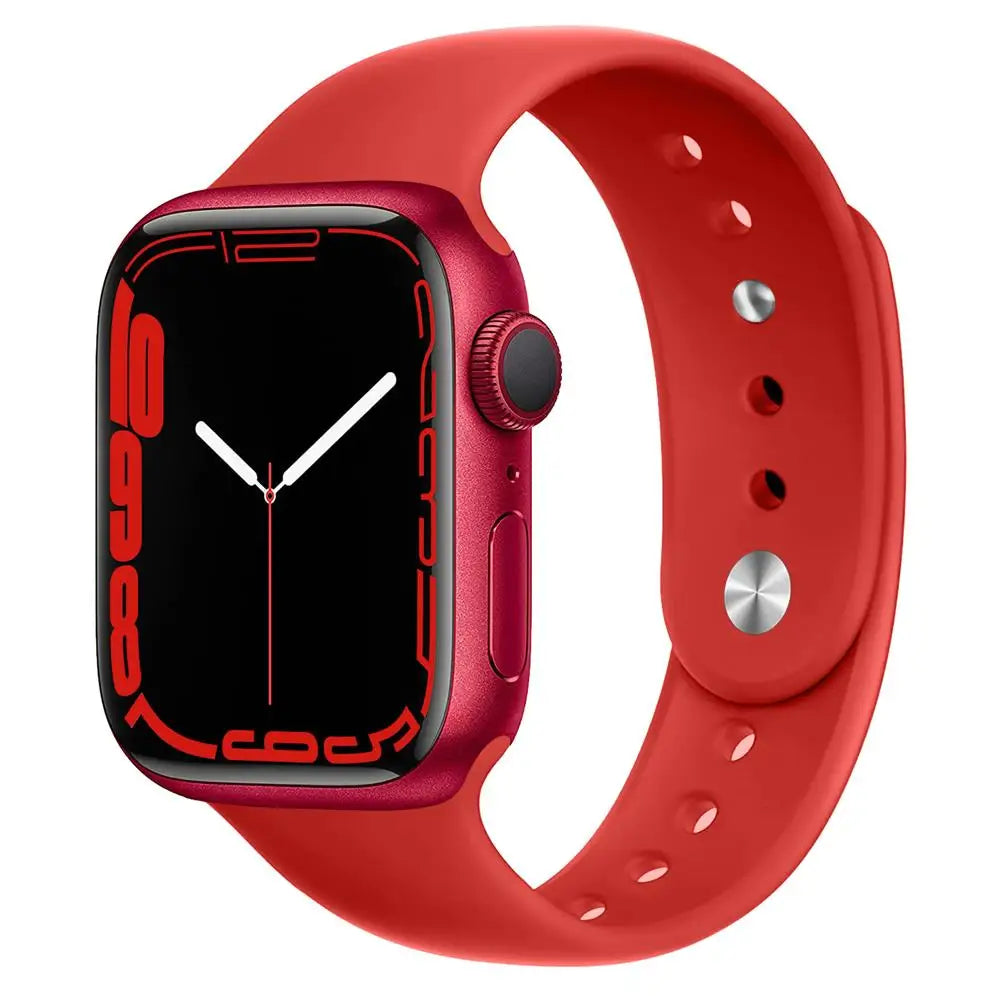 Apple Watch with a red silicone strap showcasing a modern, sleek design perfect for durability and comfort.