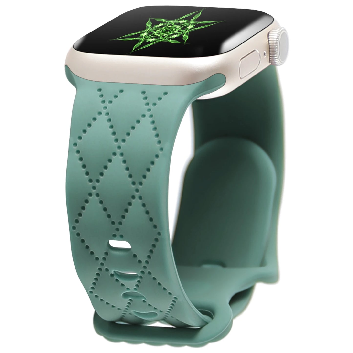 Apple Watch with teal silicone strap featuring a diamond pattern, showcasing comfort and style for everyday wear.