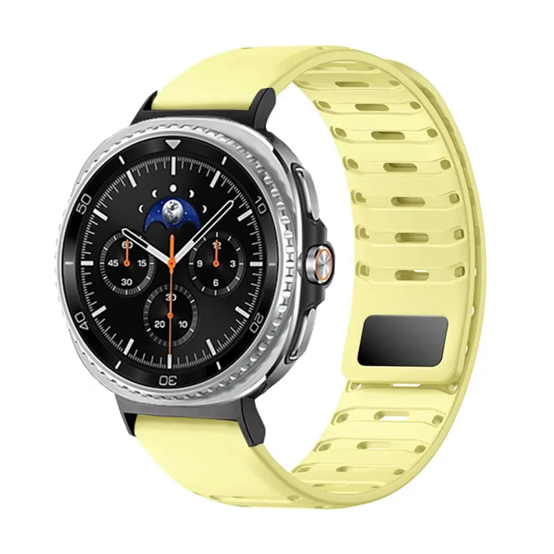 Samsung Galaxy Silicone Watch Band - Magnetic Watch8/Watch8 Classic/Watch9/Ultra/Ultra2 in yellow color with display.