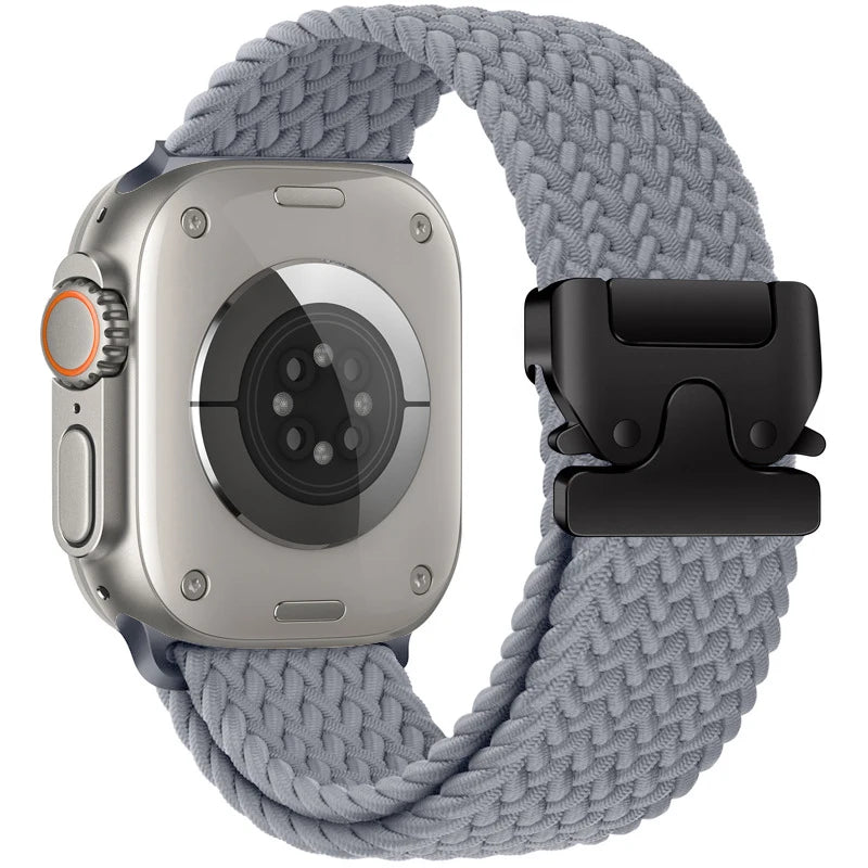 Apple Watch with gray braided nylon parachute strap, showcasing breathable and durable design for comfort and style.