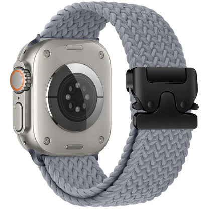 Apple Watch with gray braided nylon parachute strap, showcasing breathable and durable design for comfort and style.