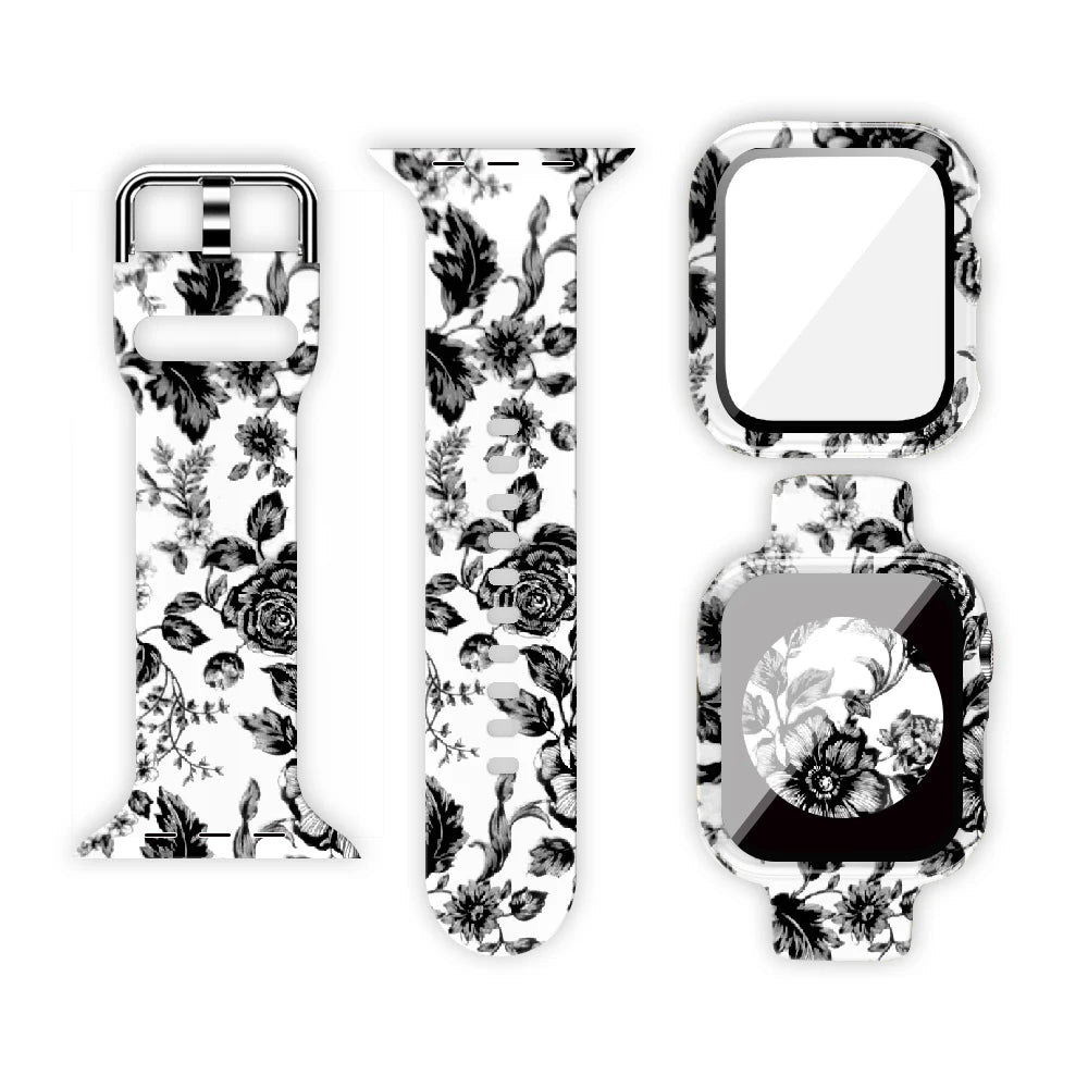 Printed Silicone Apple Watch Band - Floral & Animal Patterns in Black Floral on White