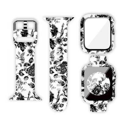 Apple Watch silicone strap with unique black and white floral printed design for stylish daily wear.