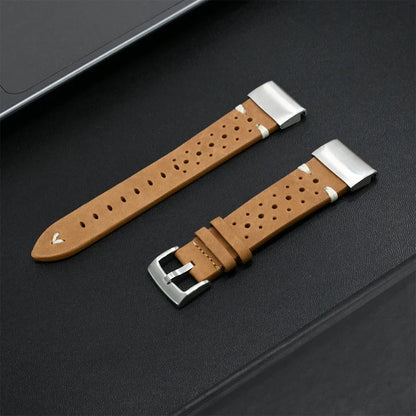 Garmin leather band in brown with silver buckle, perfect replacement strap for Garmin smartwatches.