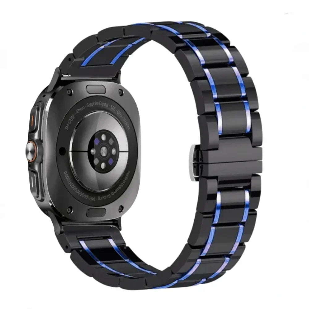 Samsung Galaxy Ceramic Bracelet Watch Band For Watch8/Watch8 Classic/Watch9/Ultra/Ultra2 in black and blue ceramic design.