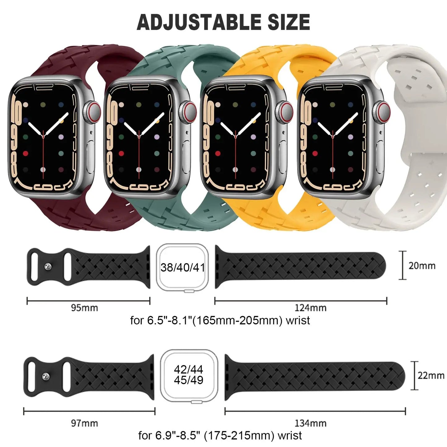 Apple Watch silicone straps in various colors showing adjustable size for different wrist sizes, perfect for active lifestyles.