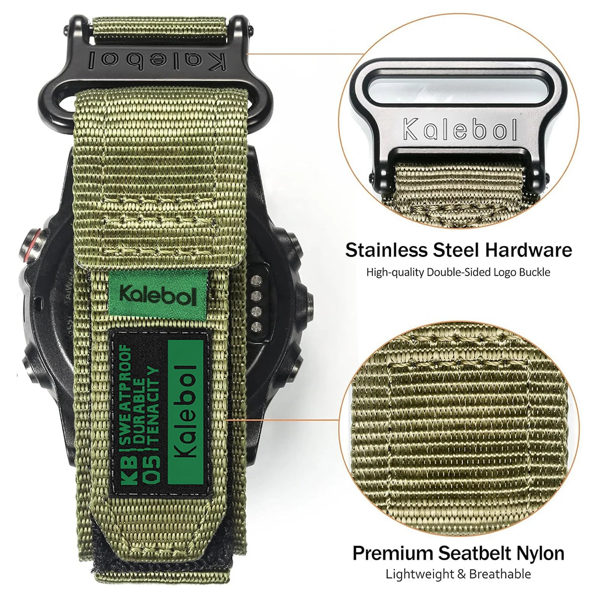 Garmin replacement strap featuring stainless steel buckle and breathable seatbelt nylon for comfort and durability.