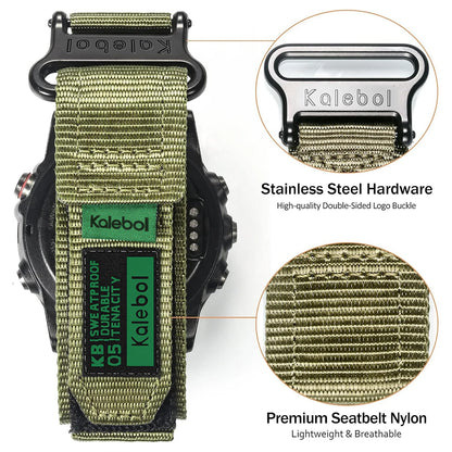 Garmin replacement strap featuring stainless steel buckle and breathable seatbelt nylon for comfort and durability.