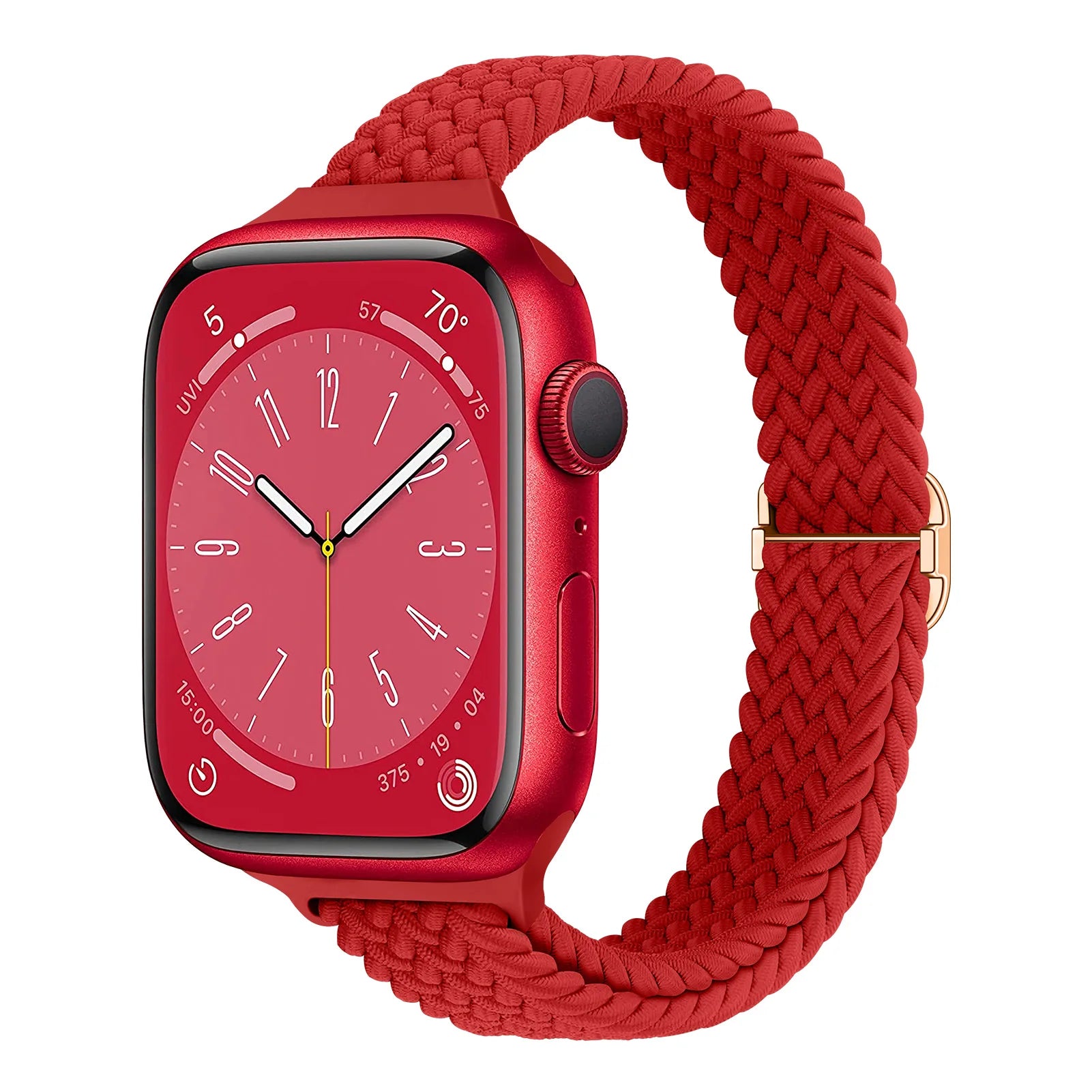 Apple Watch with red braided nylon band, showcasing its soft and breathable design for comfort and style.