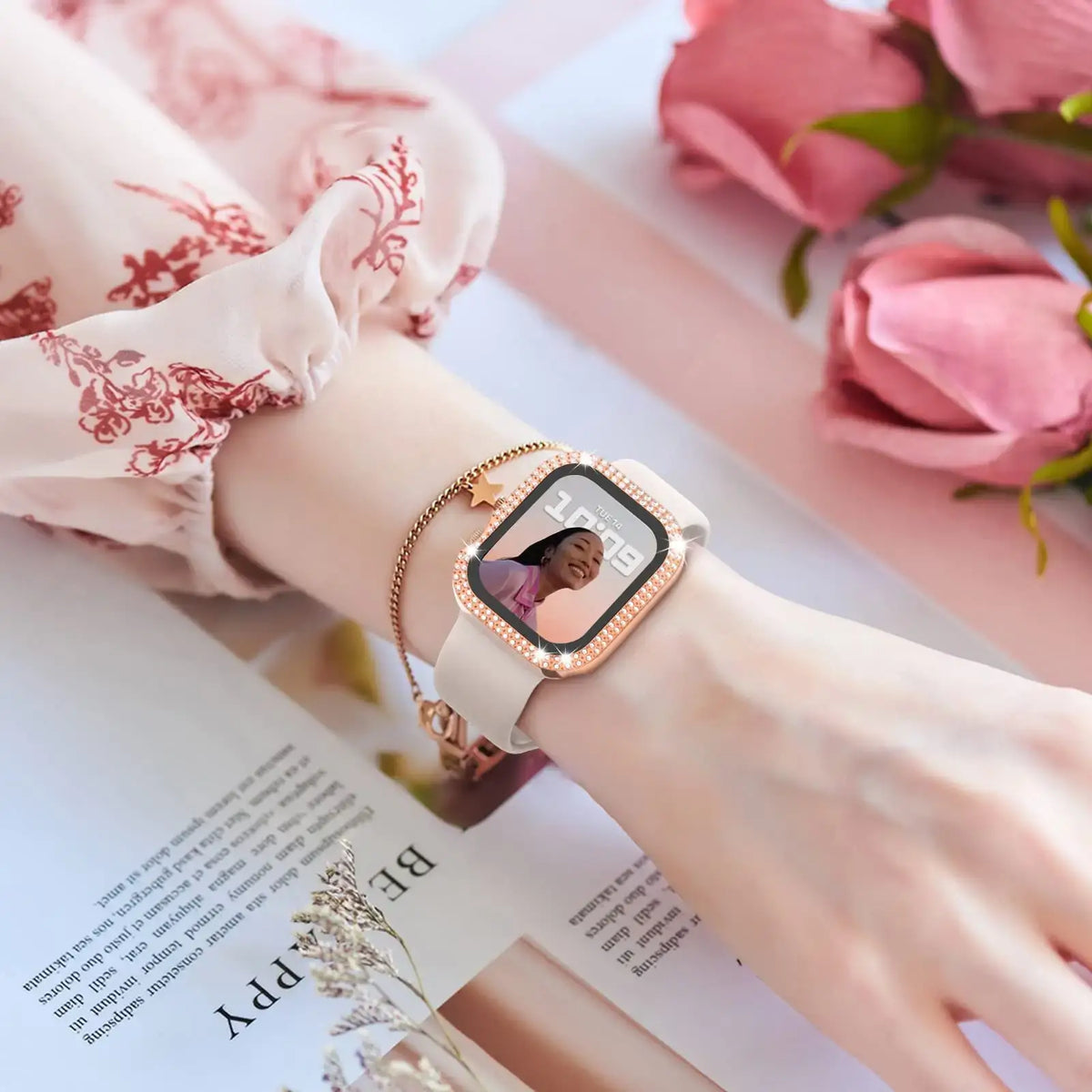 Dazzling Apple Watch case showcased on a wrist, featuring a stylish design and elegant aesthetics.