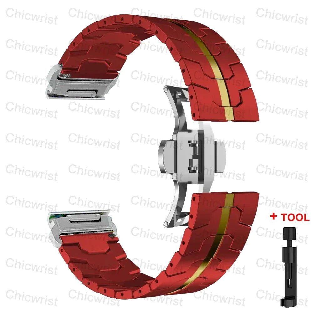 Garmin QuickFit red metal strap with gold accents, stylish replacement band for Garmin smartwatches, includes tool.