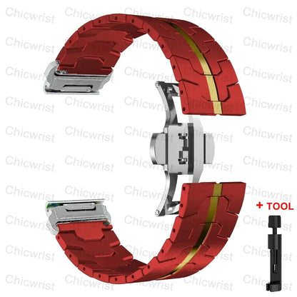 Garmin QuickFit red metal strap with gold accents, stylish replacement band for Garmin smartwatches, includes tool.