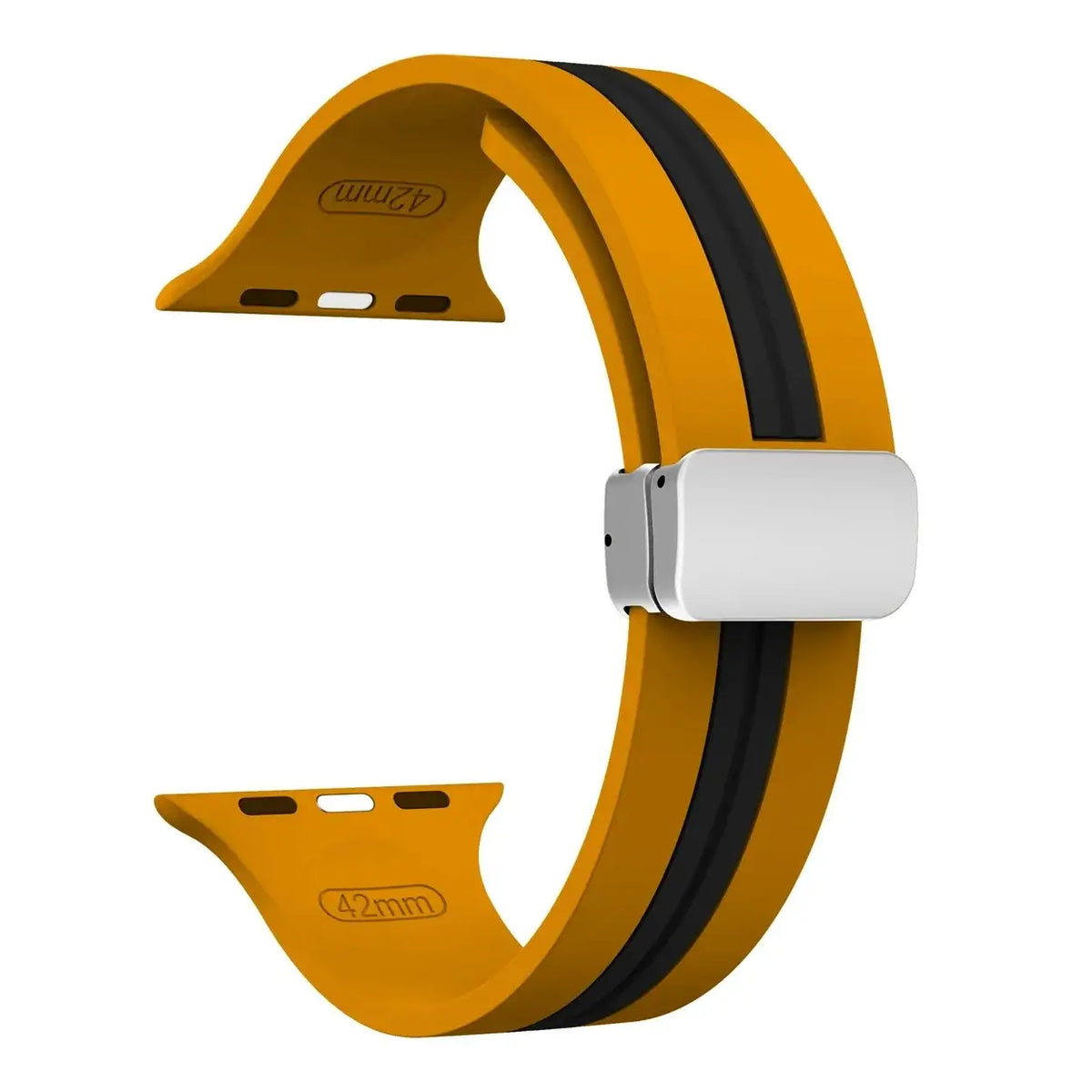 Yellow and black striped silicone Apple Watch band with silver clasp