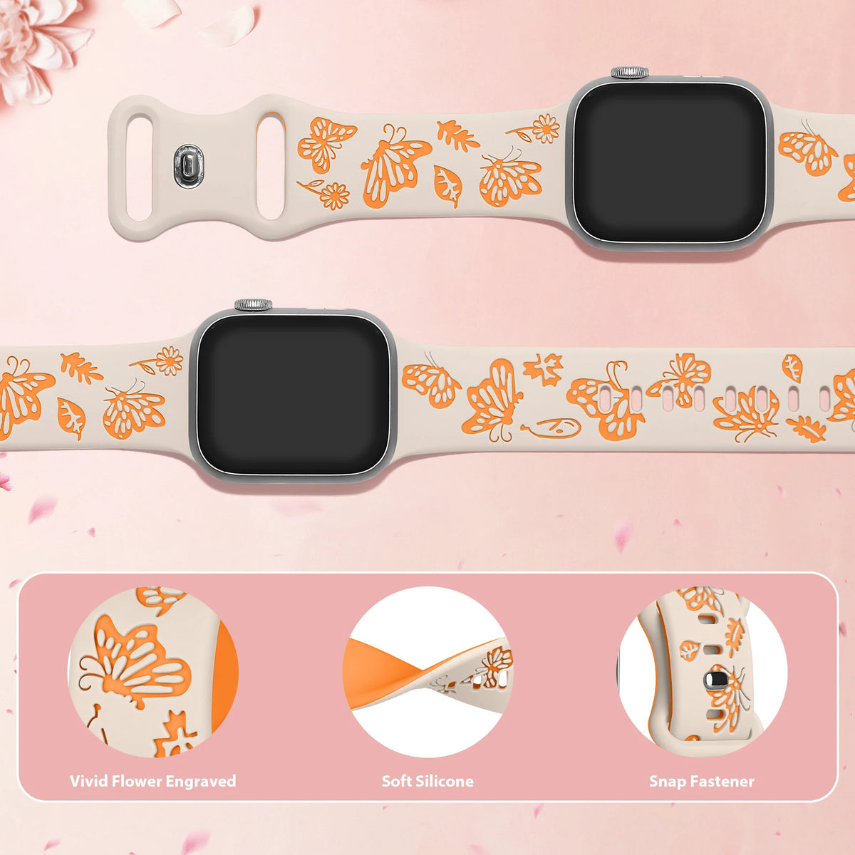 Close-up of engraved butterfly pattern and pin fastening for Apple Watch