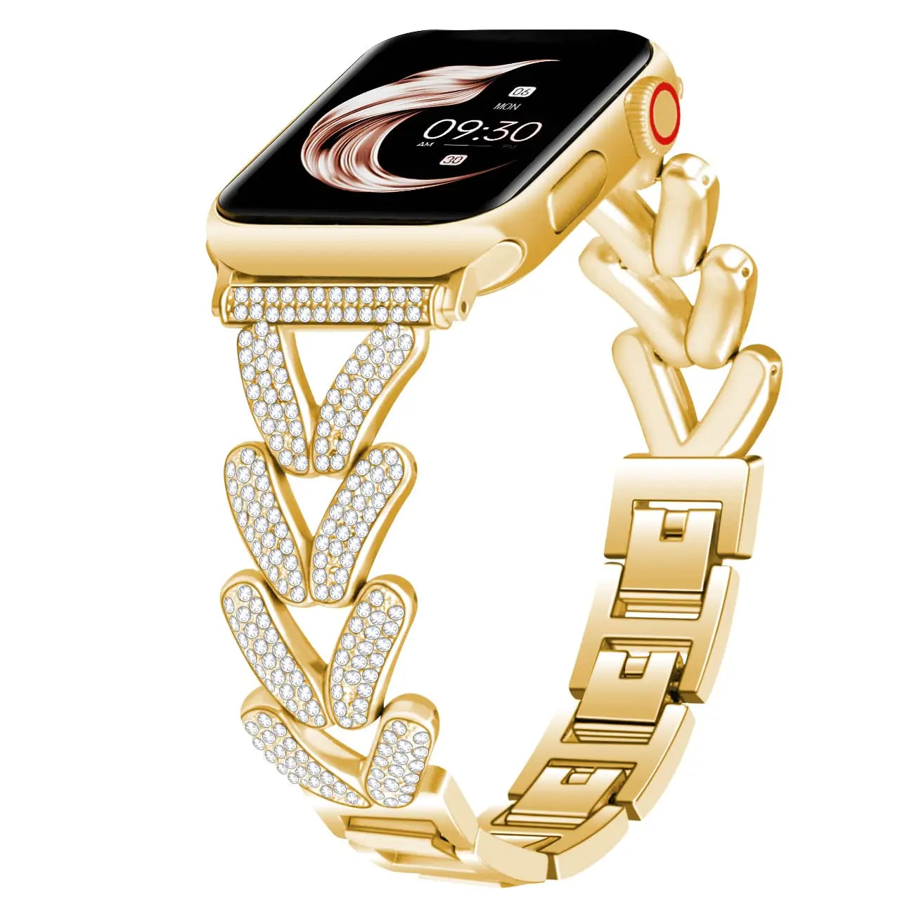 Elegant gold Apple Watch band with sparkling crystals, perfect for adding glamour to any outfit.