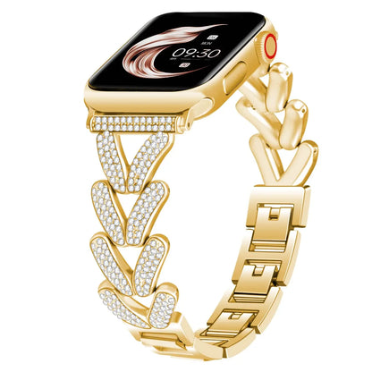 Elegant gold Apple Watch band with sparkling crystals, perfect for adding glamour to any outfit.