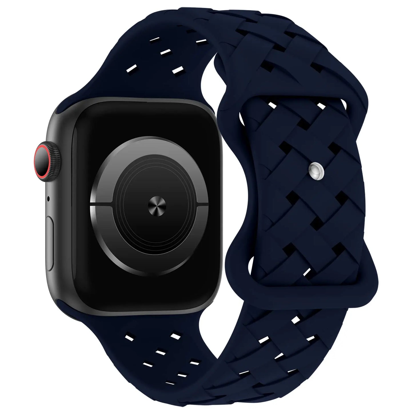 Apple Watch with blue braided silicone strap, breathable and durable for active lifestyles.