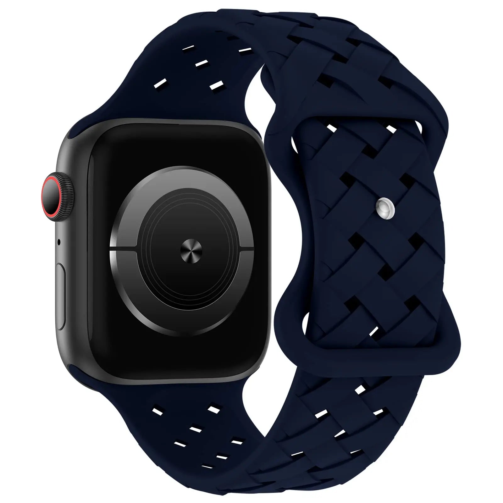 Apple Watch with blue braided silicone strap, breathable and durable for active lifestyles.