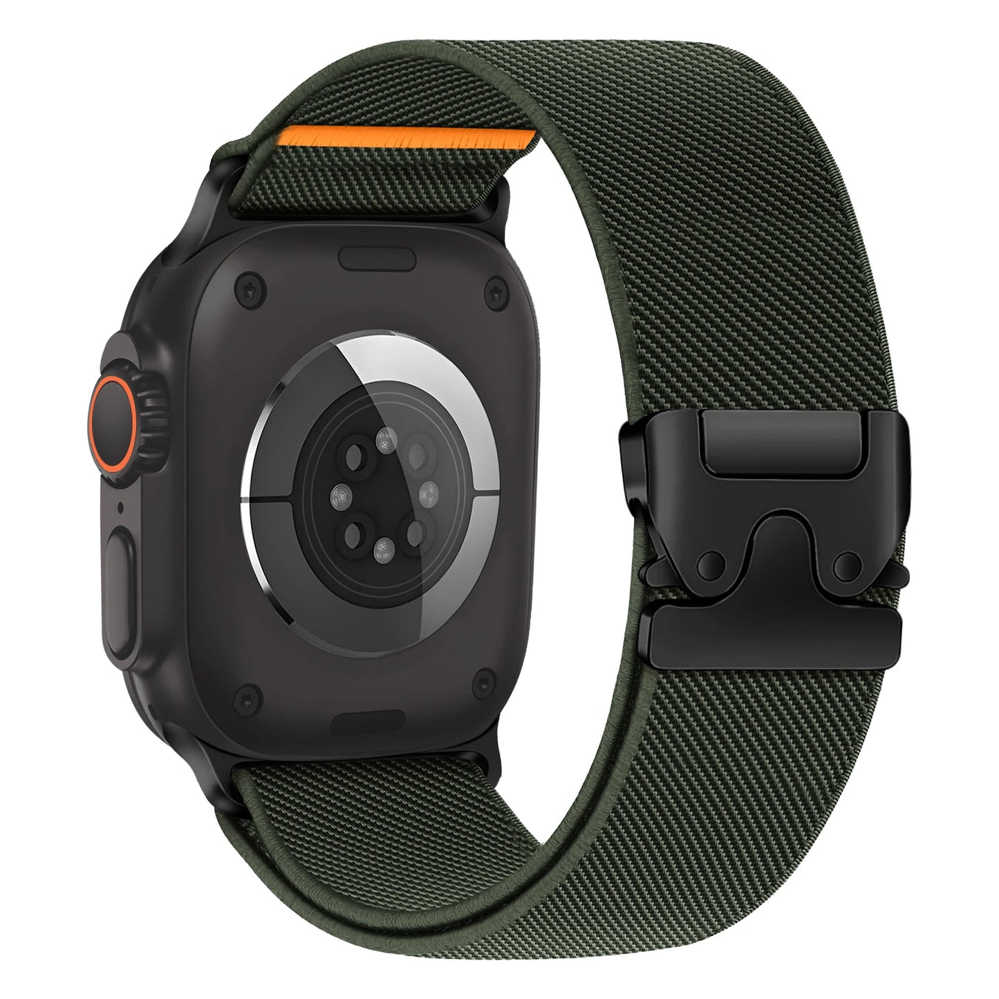 Apple Watch with flexible, durable nylon strap in green, featuring a secure parachute-style buckle for comfort.