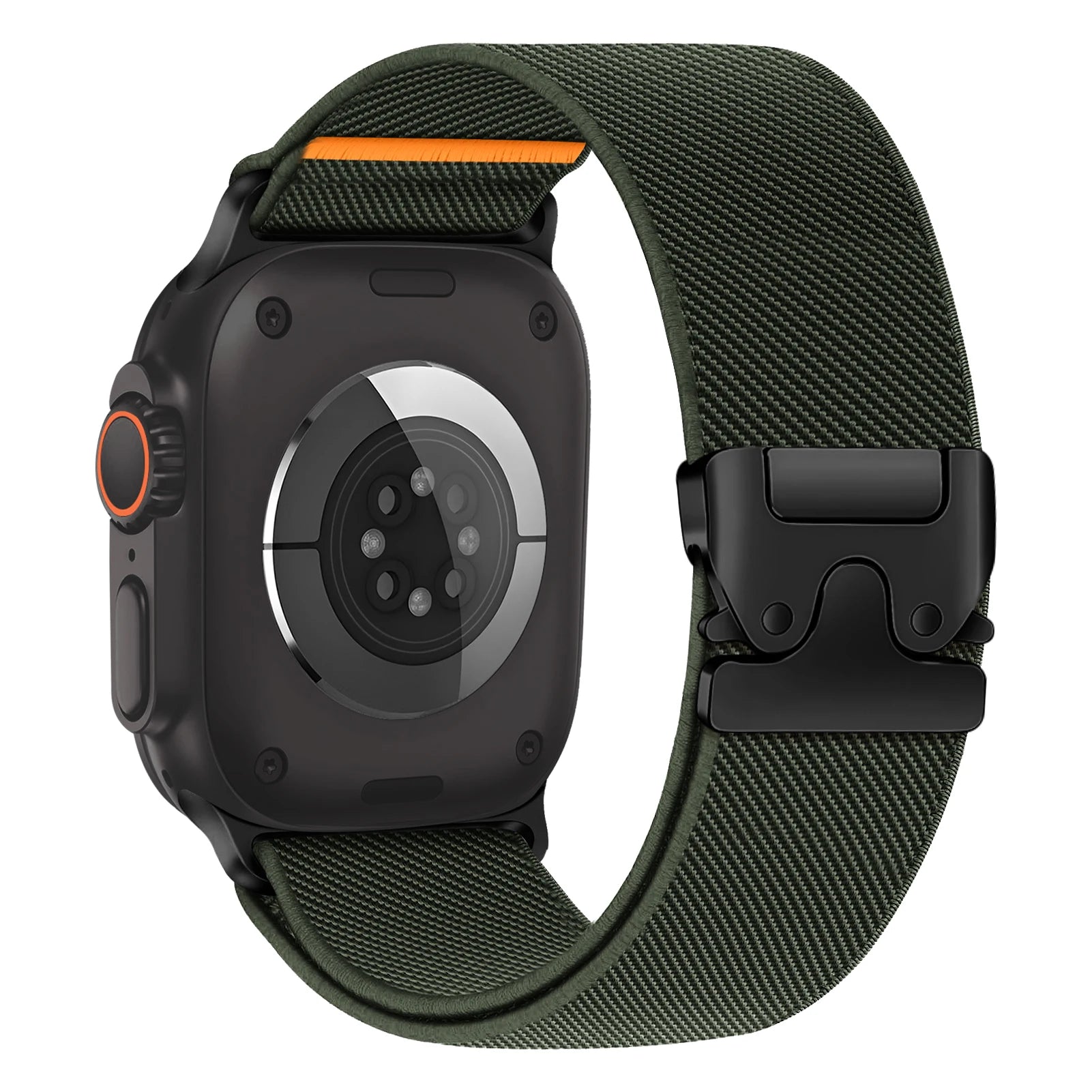 Apple Watch with flexible, durable nylon strap in green, featuring a secure parachute-style buckle for comfort.